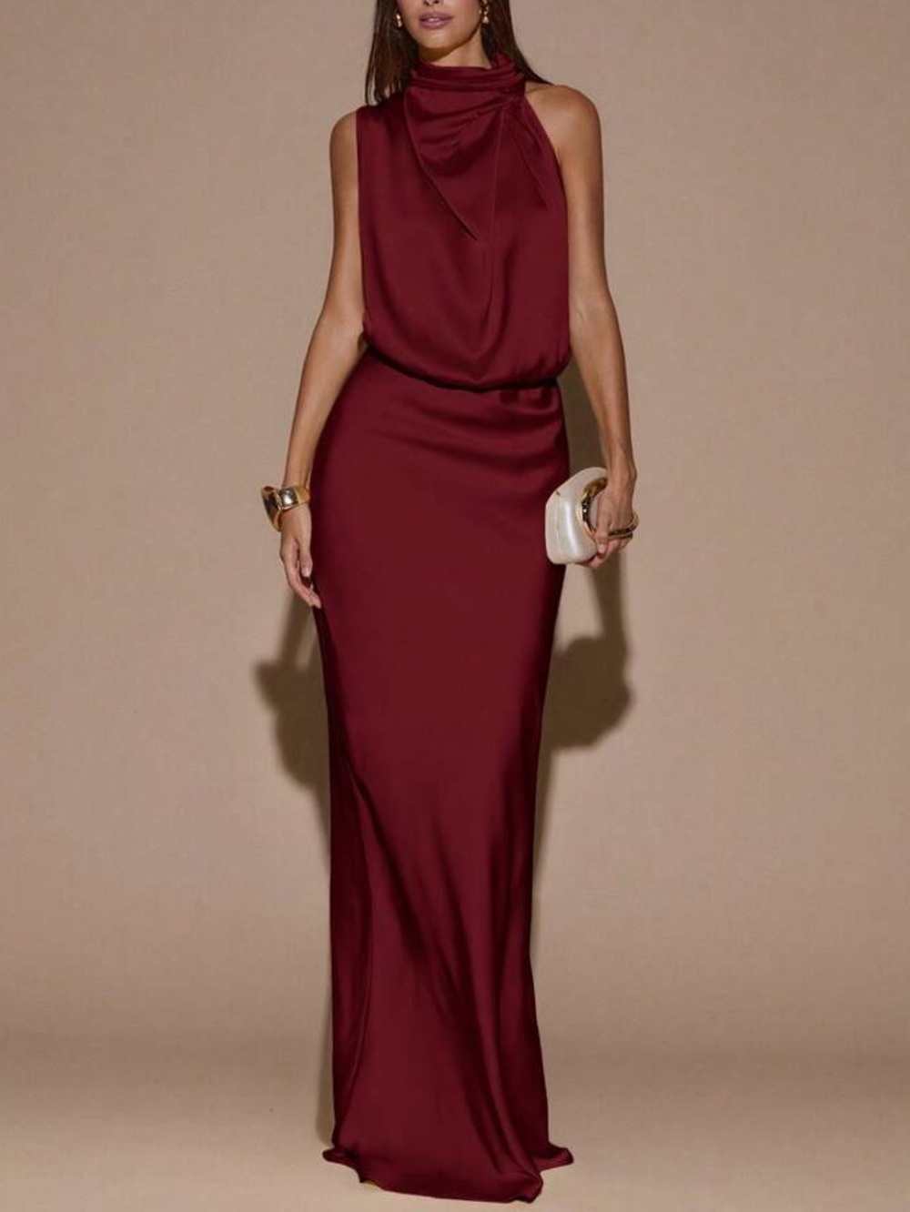 Elegant Satin Halter Evening Dress in Burgundy